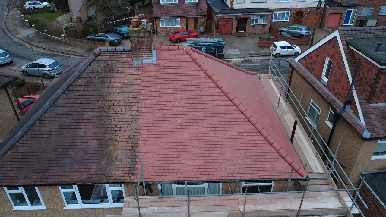 Aerial view of Ashford roof rebuild with Redland Rosemary clay tiles