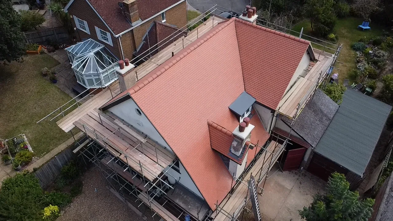 Aerial view of completed clay tiled roof in Sunbury